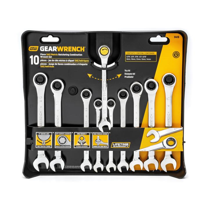 10 Piece 72-Tooth 12 Point Ratcheting Combination SAE/Metric Wrench Set 9418